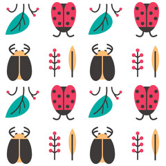 Forest seamless pattern with insects in geometric style for printing on packaging and textiles. Ladybug and horned beetle in a simplified form. Background with alternative elements.