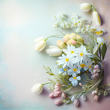 Spring bouquet with white tulips and chamomile on blue background. AI Generative
