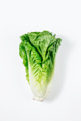 Green lettuce leaves on a white background view from above. Delicious fresh natural products for cooking. The concept of healthy eating