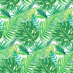 Fototapeta na wymiar Tropical green plants seamless pattern with date palm leaves, ferns and monstera. Leaves and flowers of exotic plants. Ornament for printing on fabric, cover and packaging. Vector isolated on white