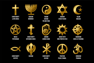 Collection of Traditional Religious Mystical talisman amulets. Spiritual symbols in golden gradient style. Secret sacred vector sign set isolated on white background for decoration