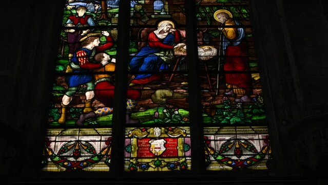 DIEPPE, FRANCE - SEPTEMBER 17, 2021: Stained glass with a scene of the birth of Jesus Christ