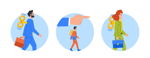 Fototapeta premium Clockwork Toy Businesspeople Walk In Unison As A Big Boss Hand Controls Their Direction Isolated Round Icons
