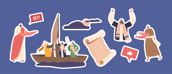 Set of Biblical Stickers Jesus Walking On Water, Apostles or Disciples Sitting In Boat. Religious Or Spiritual Concept
