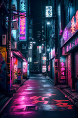 Fototapeta na wymiar Tokyo City by Night, Anime and Manga drawing illustration, city ​​views, magenta, purple, neon, Generative AI