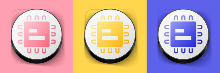 Isometric Computer processor with microcircuits CPU icon isolated on pink, yellow and blue background. Chip or cpu with circuit board. Micro processor. Square button. Vector