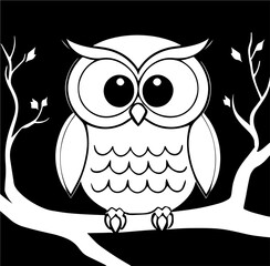 Coloring page of cute owl on black background