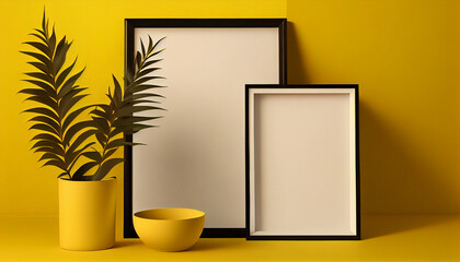 Blank picture photo frame mockup on yellow wall Ai generated image