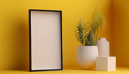 Blank picture photo frame mockup on yellow wall Ai generated image