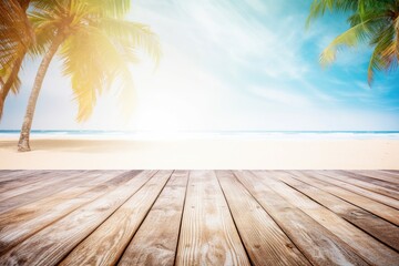 Beach blurred background with wooden floor and tropical palm trees in summertime vacations Generative AI Illustration