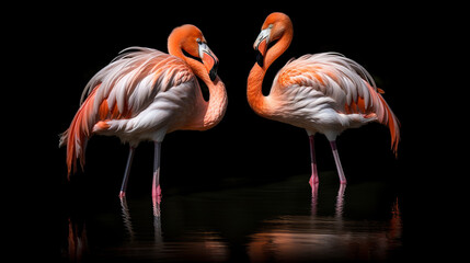 Naklejka na ściany i meble Isolated Colorful Two Flamingos On Black Background, Generative Ai