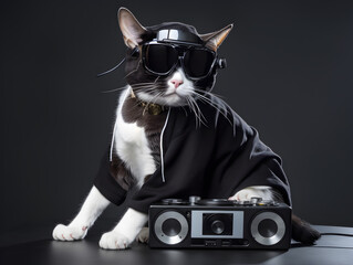 Stylish cat with sunglasses and fashionable clothing in studio setting.