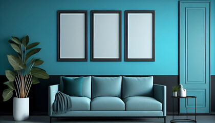 Blank three picture photo frame mockup on blue wall Ai generated image