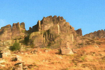 Fototapeta premium Digital watercolour of Hen Cloud against a beautiful blue sky at the Roaches in the Peak District National park.