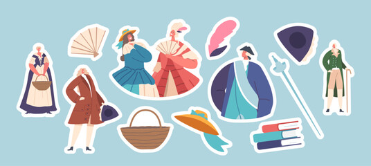 Set of Stickers Men And Women in Elegant 18th Century Attire, Wigs and Accessories. Historical Peasant and Aristocrats