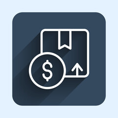 White line Carton cardboard box icon isolated with long shadow background. Box, package, parcel sign. Delivery and packaging. Blue square button. Vector