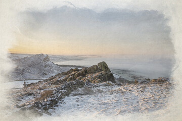 Winter digital watercolour painting of a sunrise cloud inversion, and snow at The Roaches, Staffordshire.