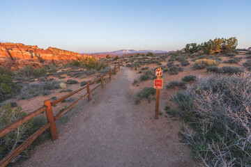 sunset at fiery furnace viewpoint in arches national park, utah, usa