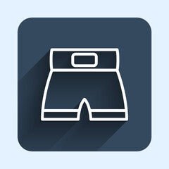 Obraz premium White line Boxing short icon isolated with long shadow background. Blue square button. Vector