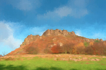 Fototapeta premium Digital watercolour of Hen Cloud against a beautiful blue sky at the Roaches in the Peak District National park.