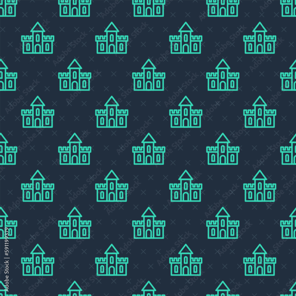 Poster green line sand castle icon isolated seamless pattern on blue background. vector