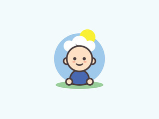 Cartoon little boy infant | Cute baby boss | Logo Icon | Vector cartoon illustration | Sky Sun Grass Cloud | Blue Yellow Green 