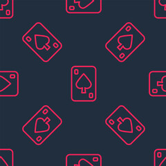 Red line Playing cards icon isolated seamless pattern on black background. Casino gambling. Vector