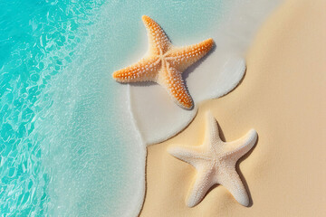 Fototapeta na wymiar Starfish on the sandy shore. Azure sea, palm trees and white sand. Beach on Maldives. Tropical landscape. Generative AI.