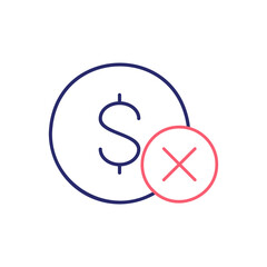 Coin with cross marks, rejected, incorrect outline color icon. Finance, payment, invest finance symbol design.