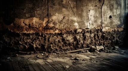 Old rotten concrete wall, grungy texture, planks on the ground
