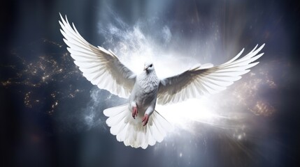 A dove coming down from heaven - Symbol of the holy spirit - cold clouds and light, golden dust
