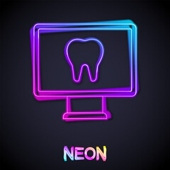 Glowing neon line Online dental care icon isolated on black background. Dental service information call center. Vector