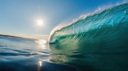 Perfect wave rolling towards the shor - warm sunlight - clear blue water