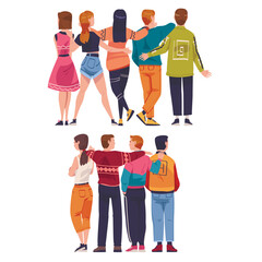 Friends from Behind Hugging and Standing Together Vector Set