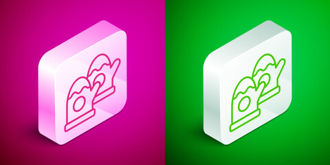 Isometric line Pair of knitted christmas mittens icon isolated on pink and green background. Mitten icon. Merry Christmas and Happy New Year. Silver square button. Vector
