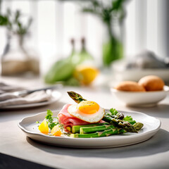 asparagus with fried egg and ham lying on a white plate next to a bottle of white wine. AI generativ