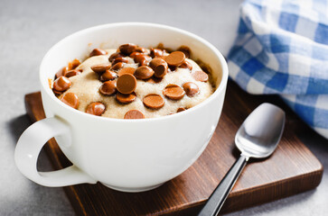 Peanut Butter and Chocolate Chips Mug Cake, Homemade Cake Cooked in the Microwave