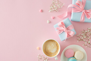 Women's Day concept. Flat lay photo of gift boxes with bows cup of coffee plate with macaroons...