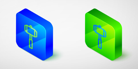 Isometric line Sledgehammer icon isolated on grey background. Blue and green square button. Vector