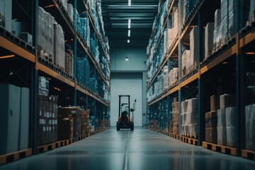 Fototapeta premium Forklift stop at aisle of mega modern warehouse, AI generated