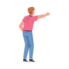 Back View of Standing Guy Reaching Out Hand Looking at Something Vector Illustration