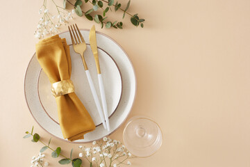 Table setting concept. Top view photo of plate cutlery knife fork fabric napkin with gold ring...