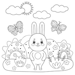 Baby coloring book with cute hare hills butterfly cloud. Simple shapes, outline for young kids. Cartoon vector illustration.