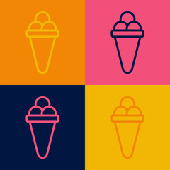 Pop art line Ice cream in waffle cone icon isolated on color background. Sweet symbol. Vector