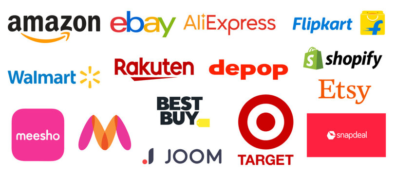  Popular online shopping sites icons png. Amazon,ebay,walmart,rakuten,depop,aliexpress,flipkart,shopify.meesho,myntra,best buy,etsy,joom,target,snapdeal
