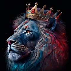 a cute blue and red lion with crown, Generate Ai