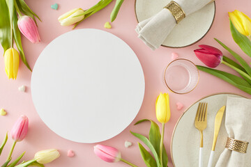 Women's Day celebration concept. Top view photo of white circle plates cutlery knife fork napkin...