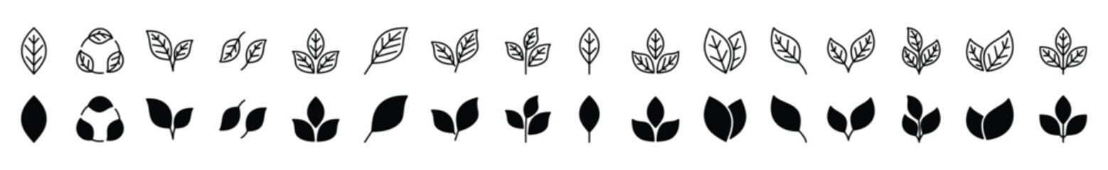 Leaf icons vector set in line and flat style. Leaves, ecology, tea, nature, green plant sign and symbol on white background. Vector illustration