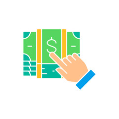 Finger click on pile of money banknotes, choice of money for payment white outline icon. Cash payment, paper bill, dollar symbol design.