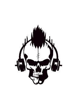human punk skull with headphones in black and white colors